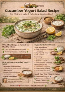 Healthy cucumber yogurt salad Recipe in a bowl garnished with coriander and cumin powder