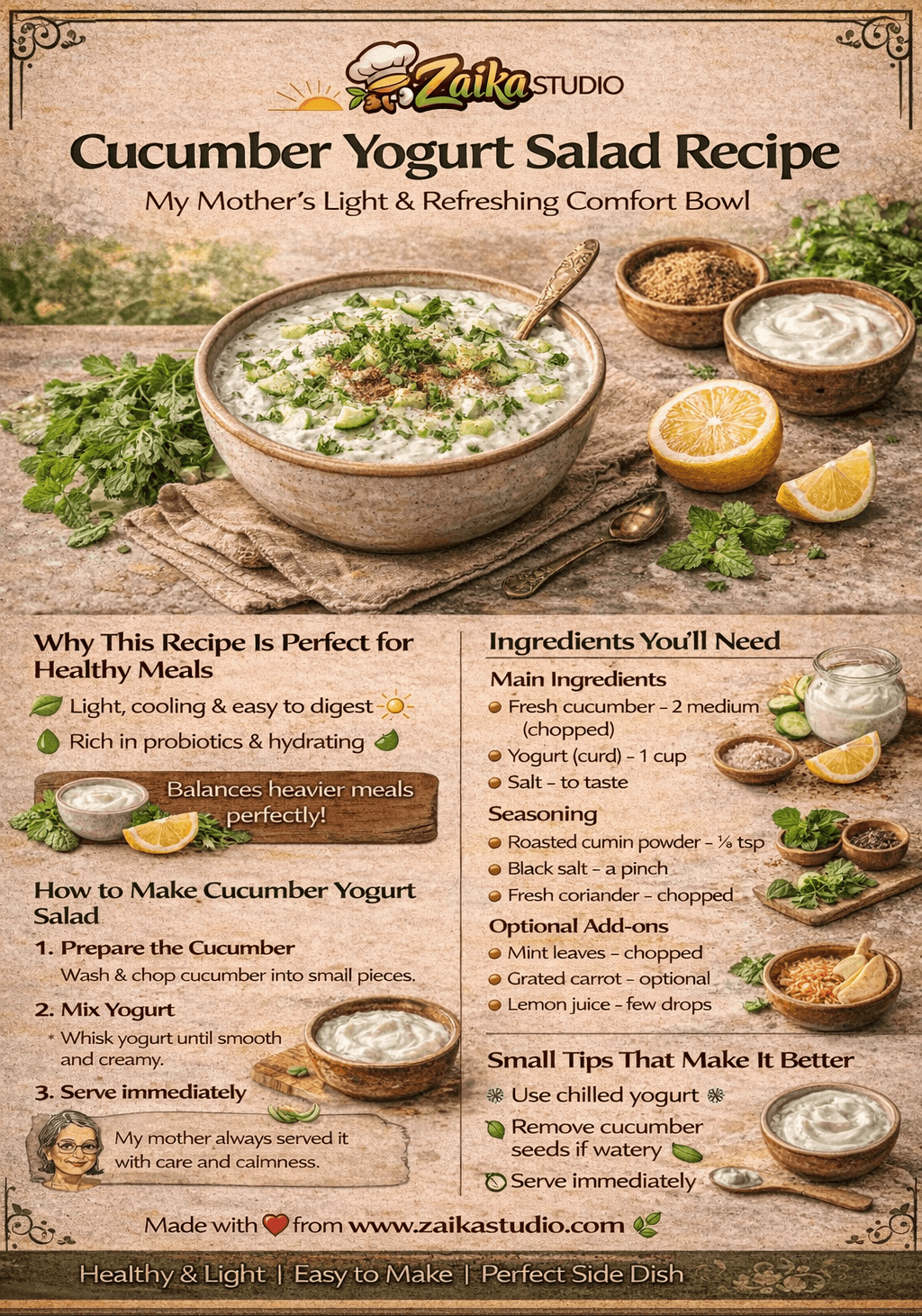 Healthy cucumber yogurt salad Recipe in a bowl garnished with coriander and cumin powder