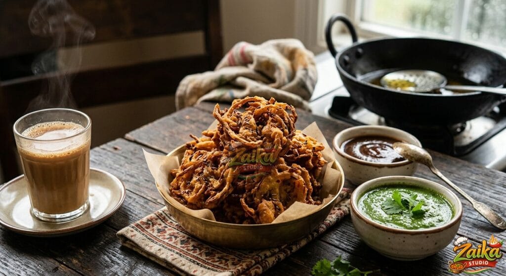 Crispy Onion Pakora Recipe with tea(chai) and chutney