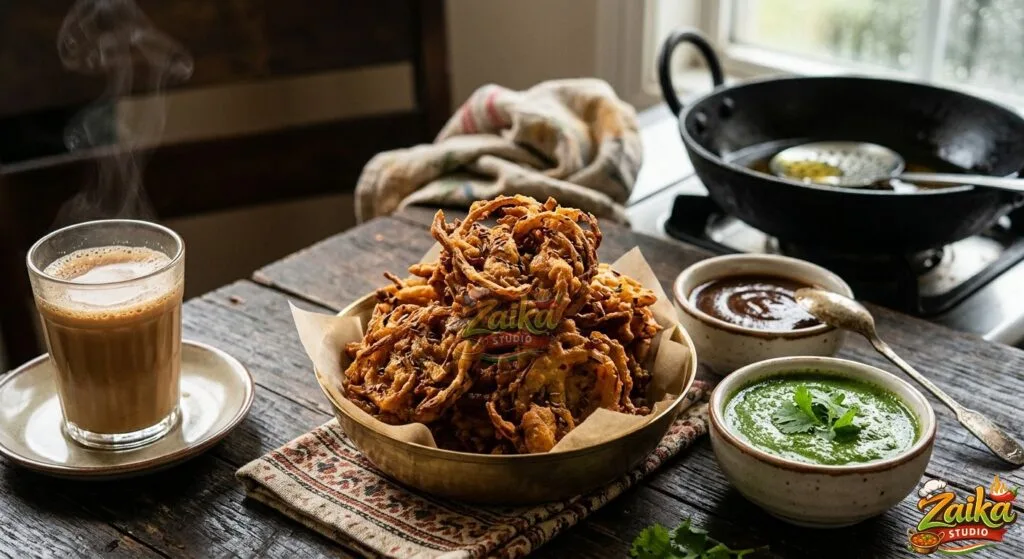 Crispy Onion Pakora Recipe with tea(chai) and chutney
