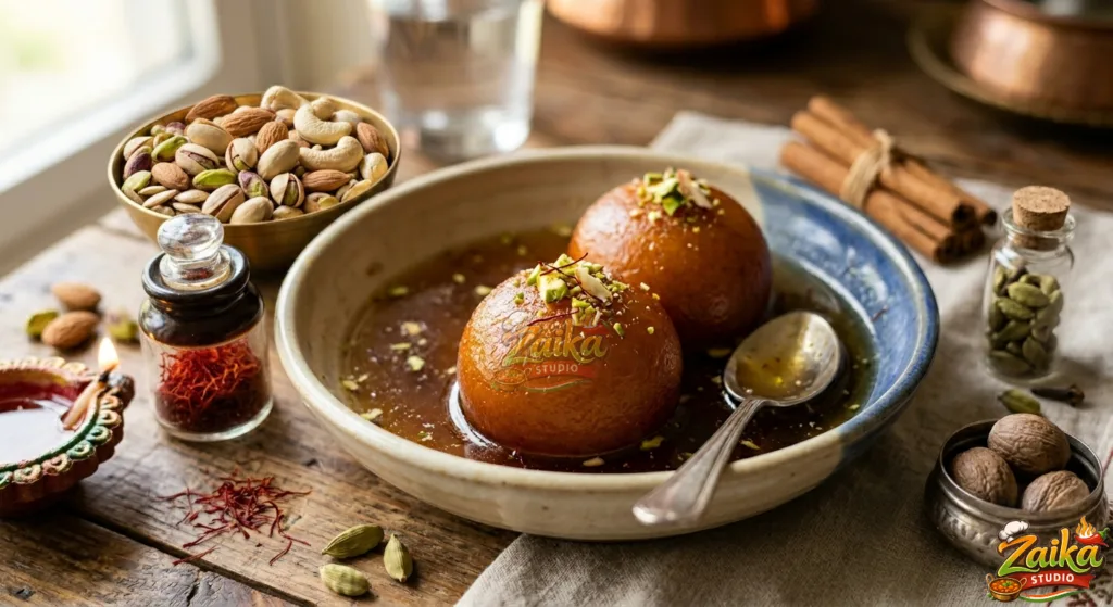Homemade gulab jamun with khoya floating in cardamom-scented syrup